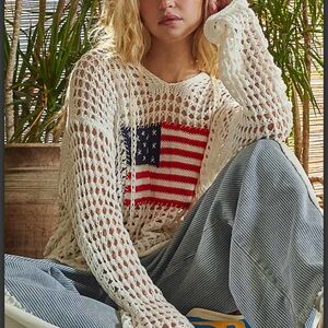 P1948–(2 colors) POL American Flag Crochet Hooded Sweater